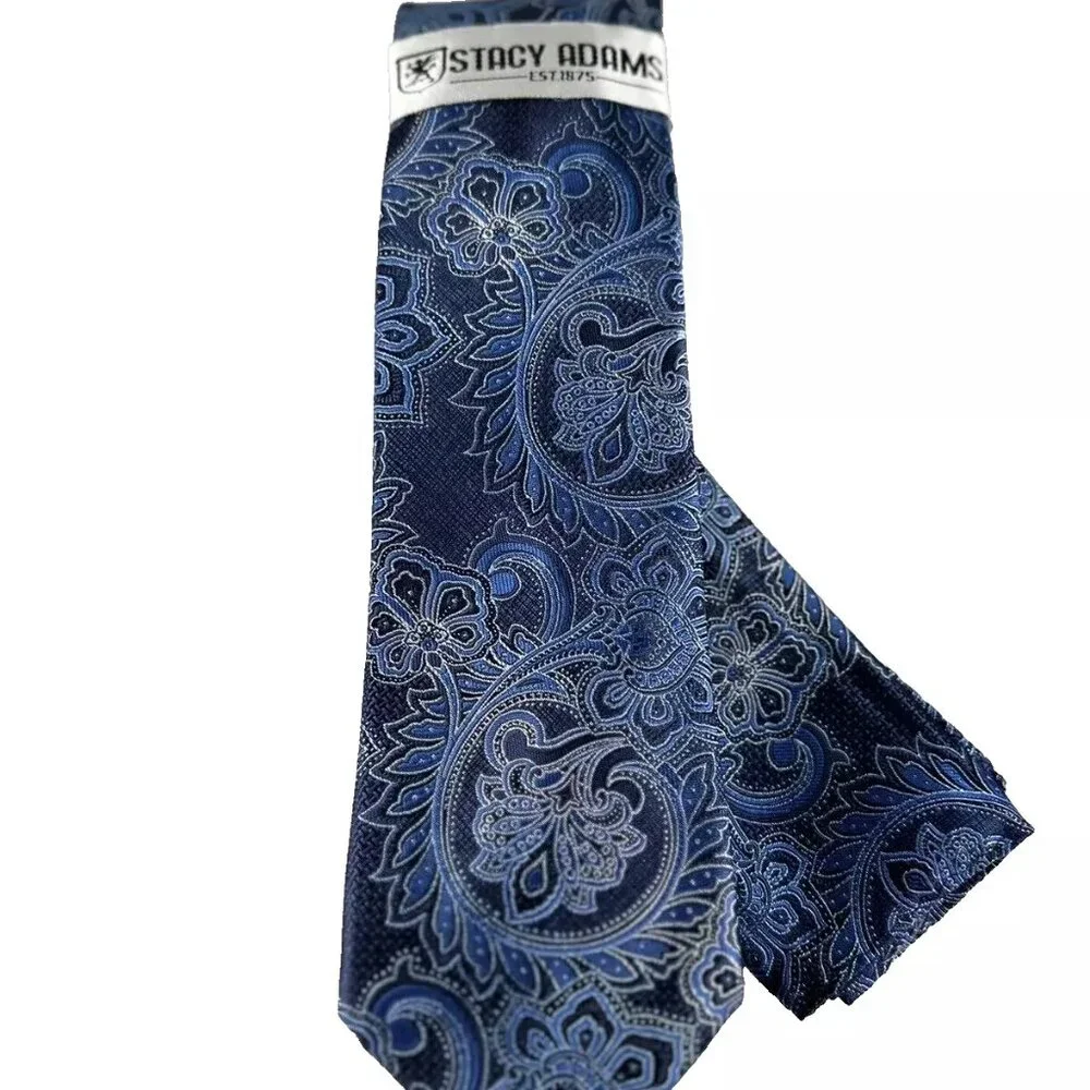 Stacy Adams Men's Tie & Hanky Navy Blue Royal Blue Silver Paisley 3.25